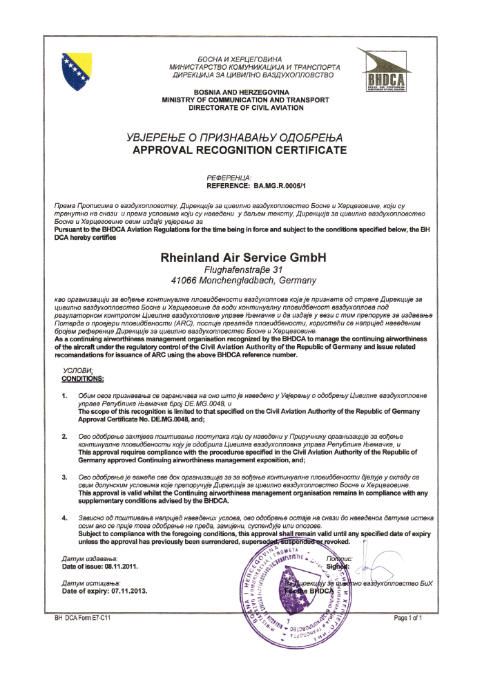 BHDCA - Approval Recognition Certificate / Bosnia and Herzegovina. Issued by the Ministry of Communication and Transport, Directorate of Civil Aviation Bosnia and Herzegovina