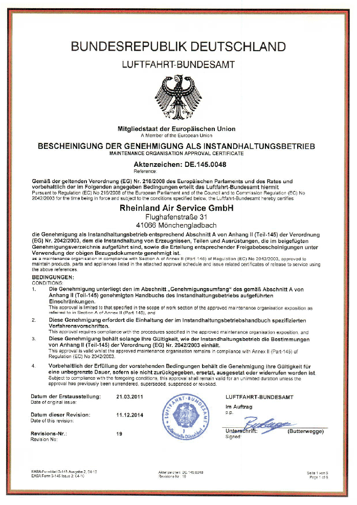 DE.145.0048 - Maintenance Organisation Approval Certificate, Issued by the Competent Authority (LBA).