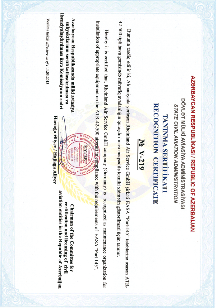 Azerbaijan – Maintenance Recognition Certificate. Ausgestellt durch das Staatl. Luftfahrtministerium Azerbaijan. Issued by the State Civil Aviation Administration of Azerbaijan